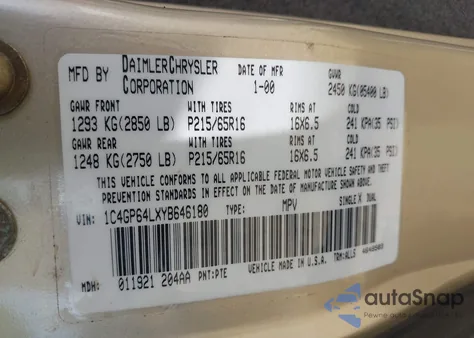 2000 Chrysler Town & Country Limited из США, поврежденный, VIN 1C4GP64LXYB646180